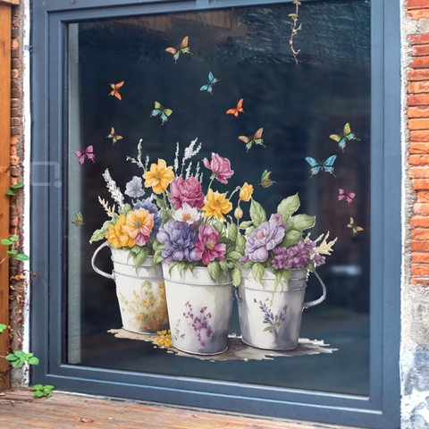 Floral Flower Pot Window Clings Static Stickers Butterfly Watercolor PVC Decorative Wall Decals For Glass Display