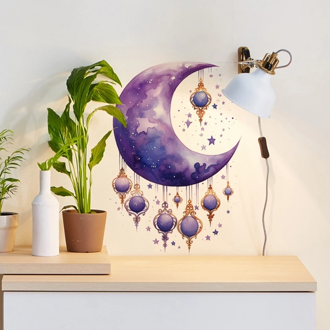 Adesivo Murale Luna E Stelle Acquerello Viola PVC Decoro Artistico Da Sogno Per Camera Da Letto