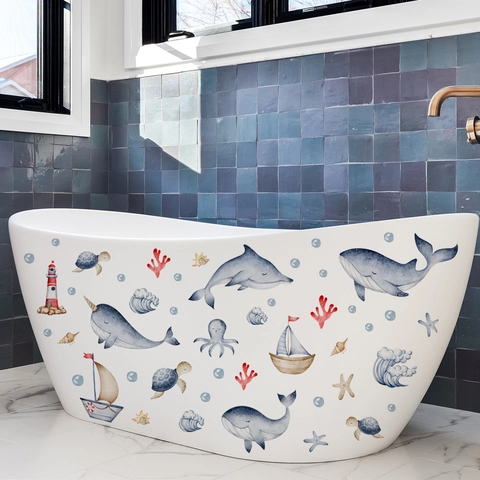 Pegatina de Pared Tema Océano Acuarela Vida Marina Ballena Delfín Tortuga Decoración de Bañera para Baño de Niños Mural Autoadhesivo