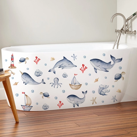 Meerestiere Wandsticker Wasserdichtes PVC Aquarell Wal Delfin Leuchtturm Aufkleber Für Badezimmer Badewanne Kinderzimmer