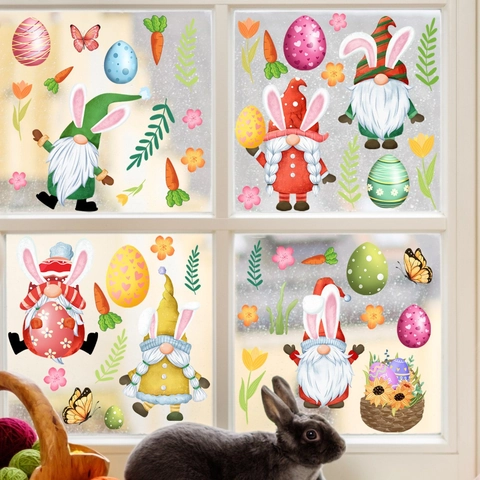 Pasen Raamstickers Gnoom Konijn Gekleurde Eieren Statische Stickers PVC Dubbelzijdig Zichtbaar Glas Decoratie