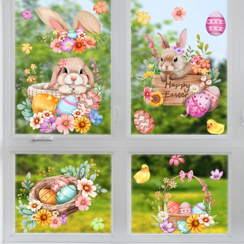 Easter Window Clings PVC Static Stickers Bunny Eggs Flower Decor For Glass Shop Home Watercolor Cartoon