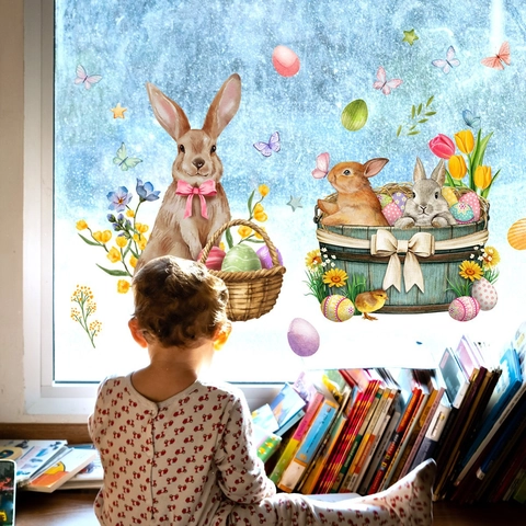 Easter Window Clings Stickers PVC Static Watercolor Rabbit Bunny Eggs Butterfly Flower Glass Decals Home Festive Decor