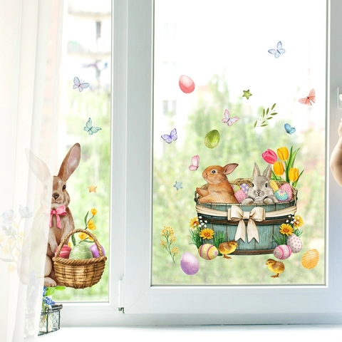 Easter Window Clings Stickers PVC Static Watercolor Rabbit Bunny Eggs Butterfly Flower Glass Decals Home Festive Decor
