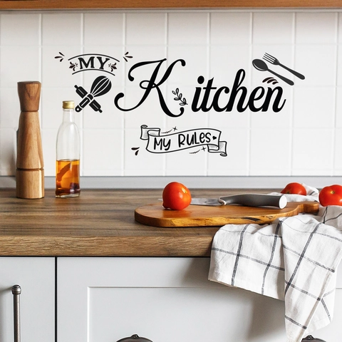 My Kitchen My Rules English Quote Wall Sticker Black PVC Kitchen Decor Minimalist Art Decal With Utensils Icons For Dining Room