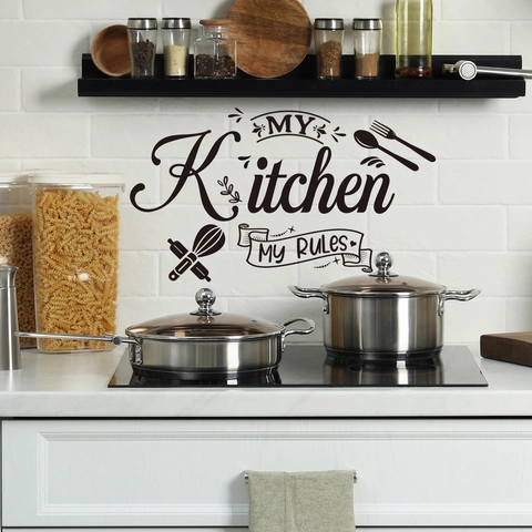 My Kitchen My Rules English Quote Wall Sticker Black PVC Kitchen Decor Minimalist Art Decal With Utensils Icons For Dining Room