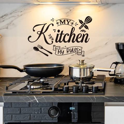 Sticker Mural De Cuisine PVC Amovible Autocollant Citation My Kitchen My Rules Motif Ustensiles Décor De Salle À Manger