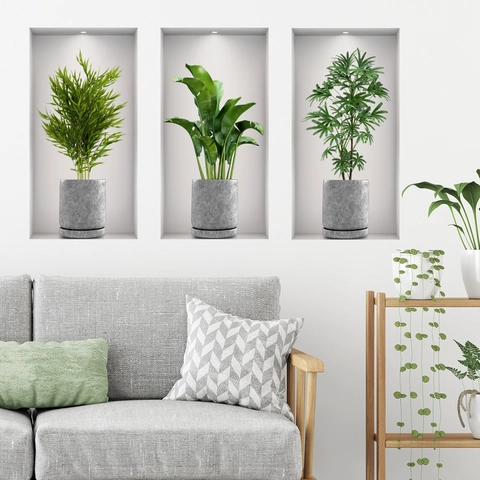 3D Potted Green Plants Wall Stickers PVC Self Adhesive Niche Style Fake Window Home Decor Decals