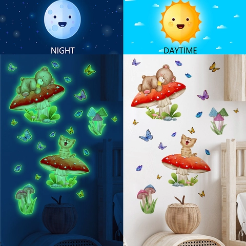 Stickers Muraux Lumineux Ours Dessin Animé Champignon Papillon Décalcomanies Chambre Enfant PVC Amovible Auto-Adhésif