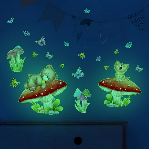 Stickers Muraux Lumineux Ours Dessin Animé Champignon Papillon Décalcomanies Chambre Enfant PVC Amovible Auto-Adhésif