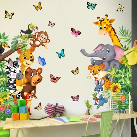 Pegatinas de Pared de Animales del Bosque de Dibujos Animados PVC Calcomanías Extraíbles Jirafa Elefante Cebra Habitación Niños