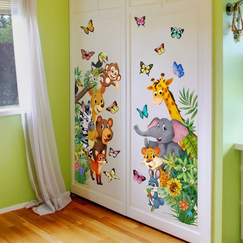 Pegatinas de Pared de Animales del Bosque de Dibujos Animados PVC Calcomanías Extraíbles Jirafa Elefante Cebra Habitación Niños