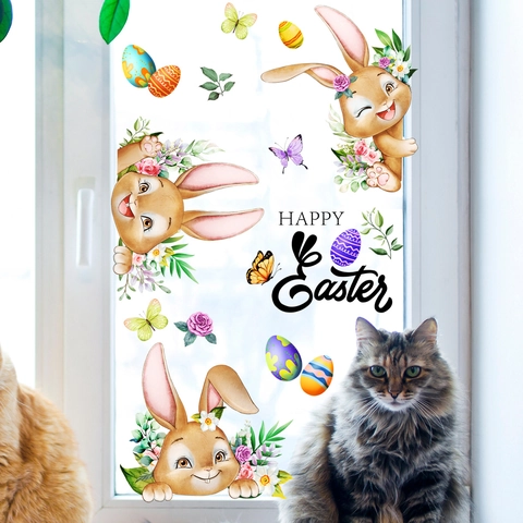 Happy Easter Bunny Eggs Window Stickers Cartoon Rabbit Butterfly Flower PVC Wall Decals For Home Glass Festive Decoration