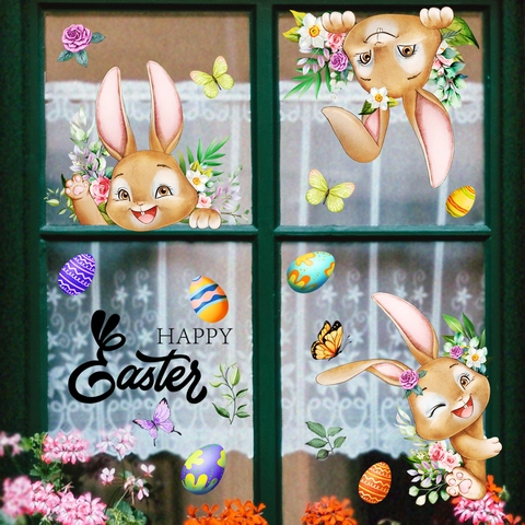 Cartoon Bunny Easter Eggs Window Clings PVC Waterproof Wall Sticker Happy Easter Decal For Kids Room Home Decor