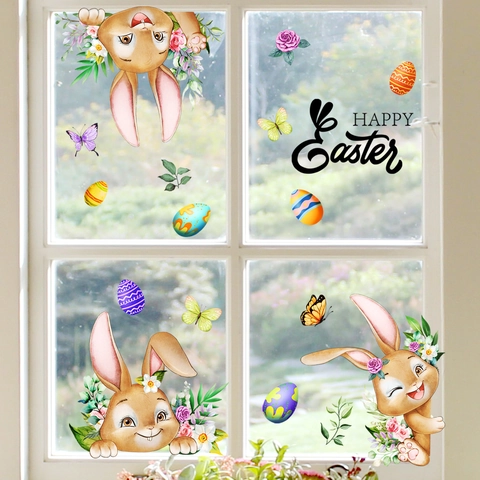 Cartoon Bunny Easter Eggs Window Clings PVC Waterproof Wall Sticker Happy Easter Decal For Kids Room Home Decor