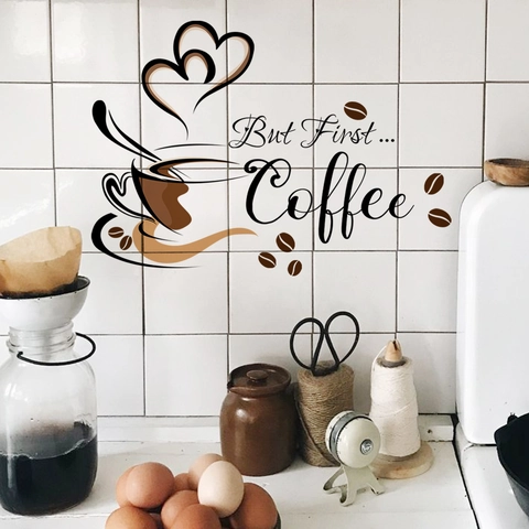 Pegatina de Pared Taza de Café But First Coffee Cita Calcomanía Minimalista PVC Vinilo Mural de Arte para Cocina Café Oficina