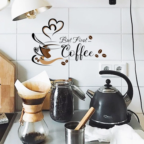 But First Coffee Wall Stickers PVC Coffee Cup Heart Beans Decal For Kitchen Cafe Restaurant Modern Art Decor