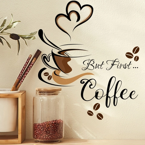 But First Coffee Wall Stickers PVC Coffee Cup Heart Beans Decal For Kitchen Cafe Restaurant Modern Art Decor