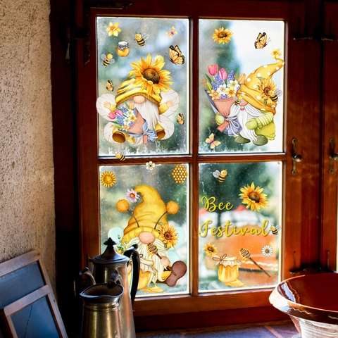 Στατικά Αυτοκόλλητα Παραθύρου Bee Festival Νάνοι Ηλίανθοι Μέλισσες PVC Διακόσμηση Γυαλιού Για Το Σπίτι