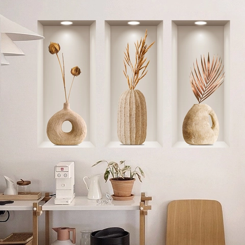 Pegatinas de Pared Estereoscópicas 3D Moderno Minimalista Jarrón Y Flores Secas PVC Extraíble Decoración Para Sala Dormitorio