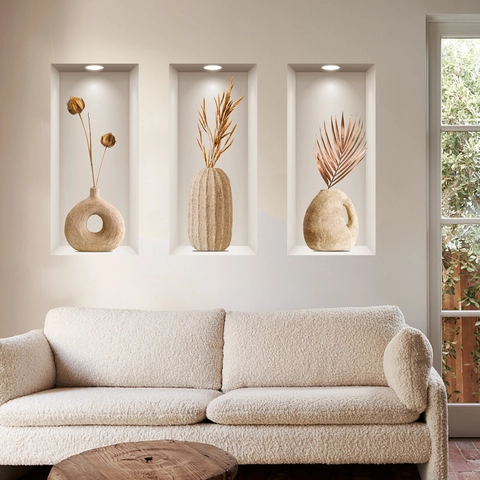 Pegatinas de Pared Estereoscópicas 3D Moderno Minimalista Jarrón Y Flores Secas PVC Extraíble Decoración Para Sala Dormitorio