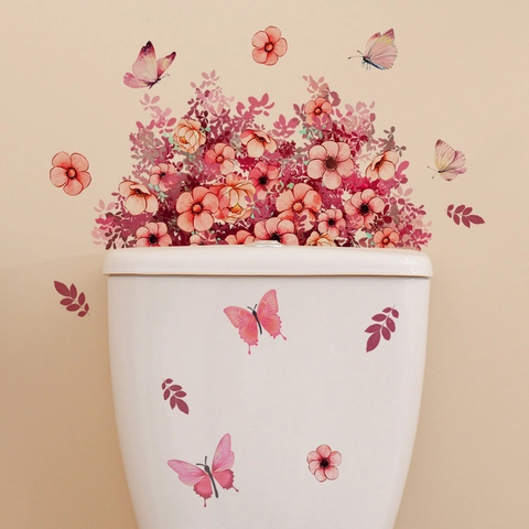 Autocollant de Couvercle de Toilette Fleurs Roses et Papillons Imperméable en PVC Décalcomanie Murale de Salle de Bain Florale Créative