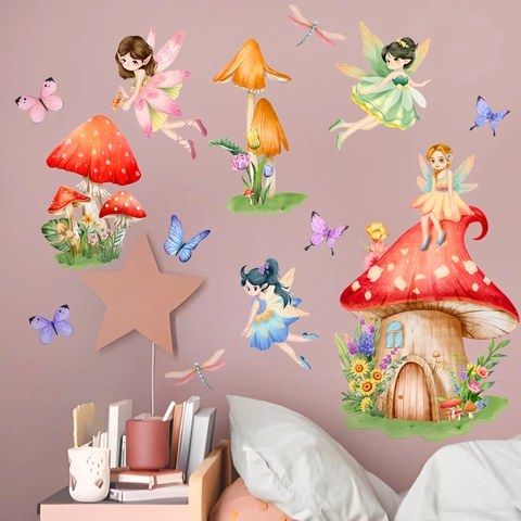 Stickers Muraux Maison Champignon Fée Papillon PVC Autocollant Amovible Décor Aquarelle Pour Chambre D'enfant