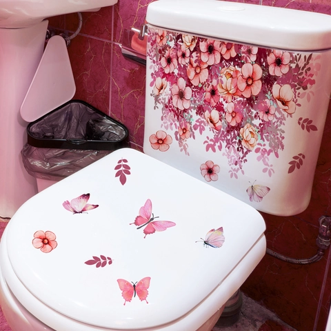 Autocollant de Couvercle de Toilette Fleurs Roses et Papillons Imperméable en PVC Décalcomanie Murale de Salle de Bain Florale Créative