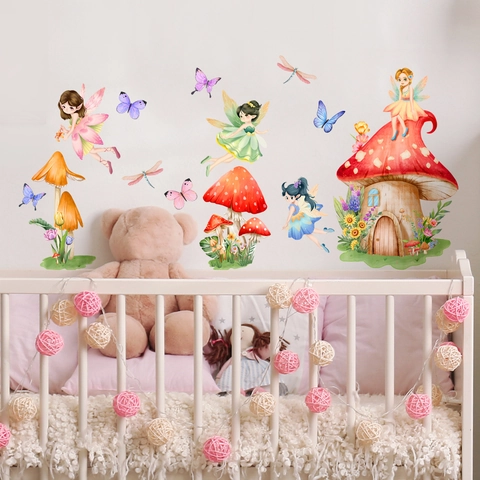 Stickers Muraux Maison Champignon Fée Papillon PVC Autocollant Amovible Décor Aquarelle Pour Chambre D'enfant