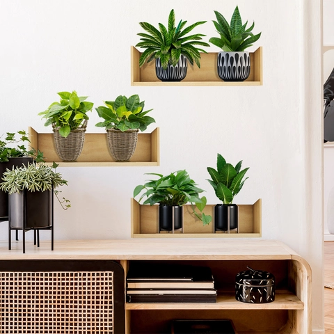 Pegatinas de Pared de Estante de Planta Verde de Simulación PVC Autoadhesivas Impermeables Calcomanías Para Sala Dormitorio