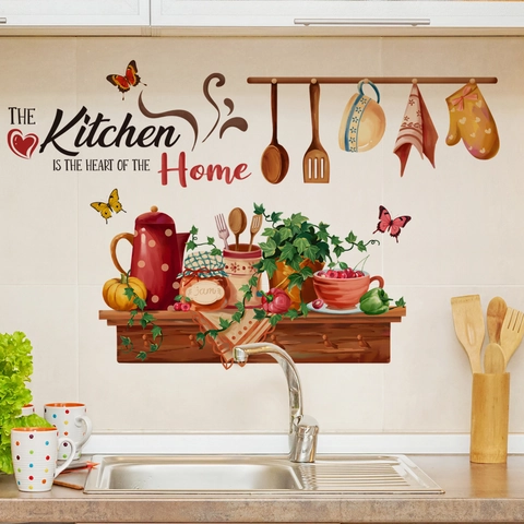 Adesivo da Parete a Tema Cucina Pastorale in PVC Rimovibile Con Piante Verdi Farfalla Utensili da Cucina Scritta Heart Of Home Decor