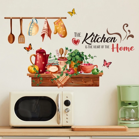 Adesivo da Parete a Tema Cucina Pastorale in PVC Rimovibile Con Piante Verdi Farfalla Utensili da Cucina Scritta Heart Of Home Decor