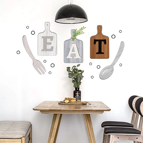 EAT Buchstaben Geschirr PVC Wandtattoo Kreative Küche Restaurant Hintergrund Deko Holzmaserung Stil Selbstklebend Wandbild