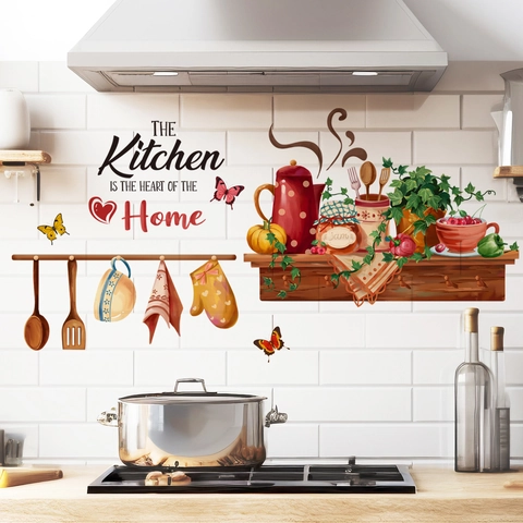 Pastoral Kitchen Wall Stickers Heart Of The Home Quote Removable PVC Decals For Dining Room Restaurant Decor Background
