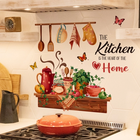 Pastoral Kitchen Wall Stickers Heart Of The Home Quote Removable PVC Decals For Dining Room Restaurant Decor Background