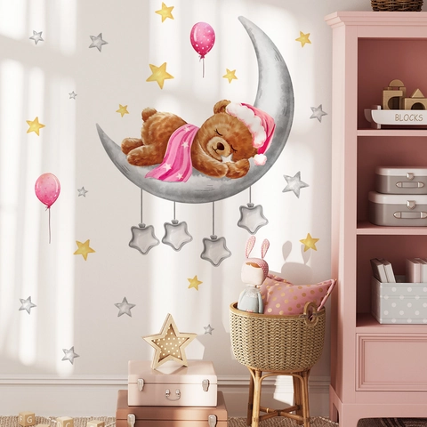 Stickers Muraux Ours Dessin Animé Sur La Lune PVC Aquarelle Étoiles Ballons Autocollant Décoration Chambre Enfant