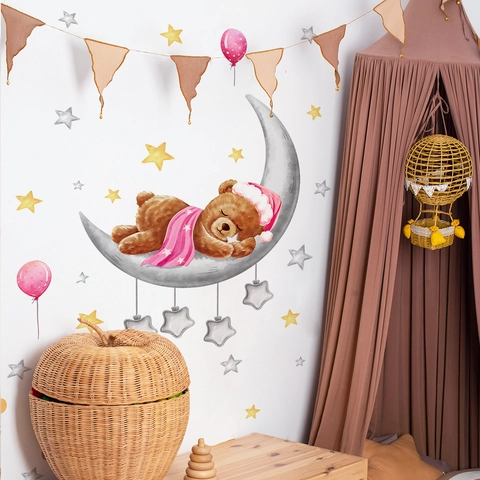 Stickers Muraux Ours Dessin Animé Sur La Lune PVC Aquarelle Étoiles Ballons Autocollant Décoration Chambre Enfant