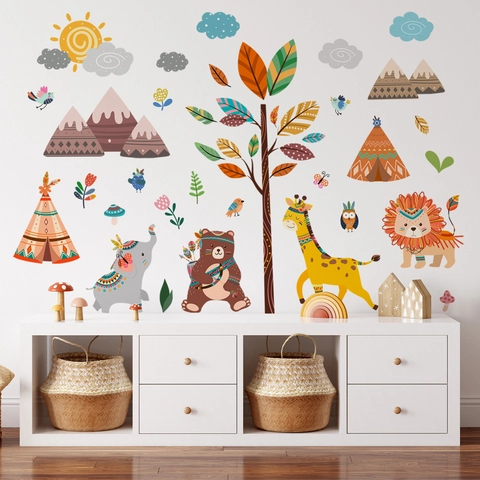 Adesivi Murali Animali Foresta PVC Stile Tribal Boho Decorazione Cameretta Bambini Orso Elefante Leone Giraffa