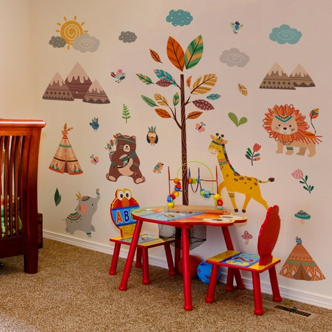 Adesivi Murali Animali Foresta PVC Stile Tribal Boho Decorazione Cameretta Bambini Orso Elefante Leone Giraffa