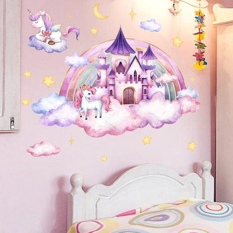 Adesivo Murale Acquerello Unicorno Castello Arcobaleno PVC Nuvole Sognanti Stelle Luna Adesivi Murali per Ragazze Camera Bambini