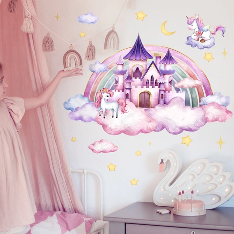 Adesivo Murale Acquerello Unicorno Castello Arcobaleno PVC Nuvole Sognanti Stelle Luna Adesivi Murali per Ragazze Camera Bambini