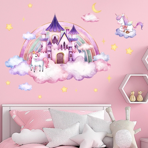 Unicorn Castle Rainbow Wall Stickers PVC Decorative Decals Girls Bedroom Nursery Dreamy Watercolor Art