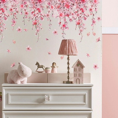 Rosa Kirschblüte Ranke Wandtattoo PVC Aquarell Blumen Schmetterling Wandaufkleber Für Wohnzimmer Schlafzimmer Küche Dekor