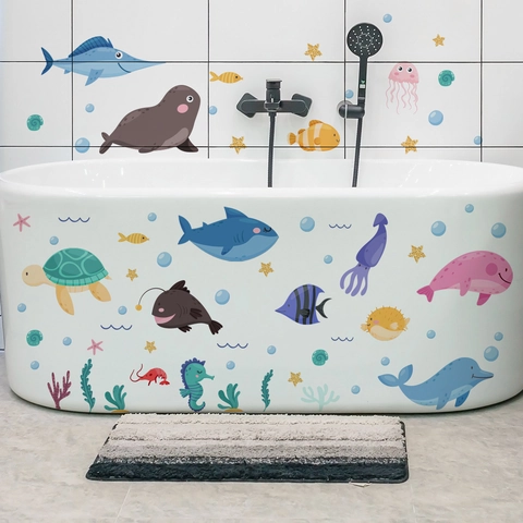 Cartoon Onderwaterwereld Badkuip Stickers Waterdicht PVC Muurstickers Voor Badkamer Met Haai Schildpad Dolfijn Zeedieren Decoratie Voor Kinderen