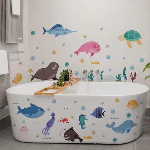 Adesivi per Vasca da Bagno Animali Marini Cartone Animato Mondo Sottomarino Colorato PVC Impermeabile per Bagno Bambini