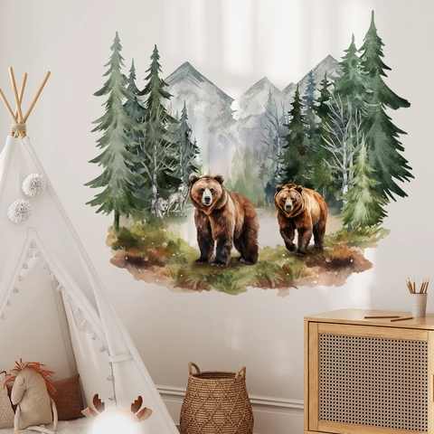 Adesivo da Parete Acquerello Foresta Orso Montagna Innevata per Cameretta Bambini PVC Paesaggio Naturale Decorazione Casa