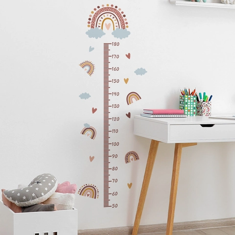 Rainbow Heart Cloud Growth Chart Wall Sticker PVC Height Ruler Nursery Decor Bohemian Style Warm Tone Kids Room Adhesive