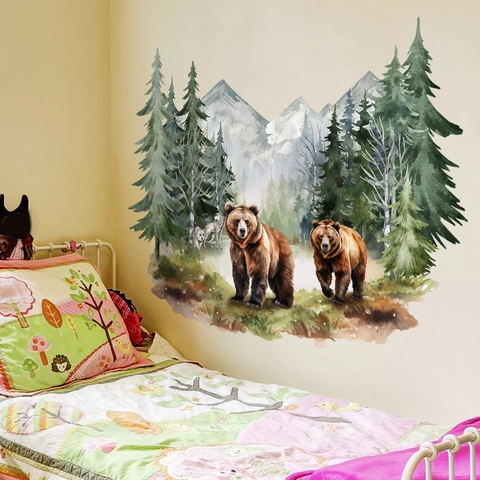 Adesivo da Parete Acquerello Foresta Orso Montagna Innevata per Cameretta Bambini PVC Paesaggio Naturale Decorazione Casa