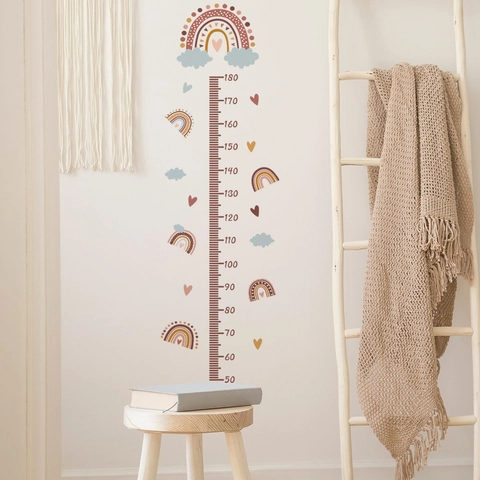 Rainbow Heart Cloud Growth Chart Wall Sticker PVC Height Ruler Nursery Decor Bohemian Style Warm Tone Kids Room Adhesive