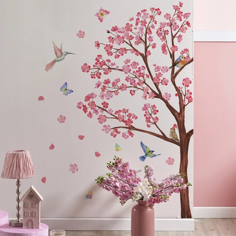 Rosa Kirschblütenbaum Wandtattoos Mit Vögel Schmetterlinge Muster PVC Selbstklebend Wandaufkleber Für Schlafzimmer Deko